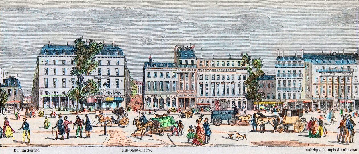 Boulevard Poissonniere déli oldala - Rue du Sentier - Rue Saint Fiacre - Edmond Texier 1852-es metszete „Tableau-de-Paris”-ban alkotó: French School