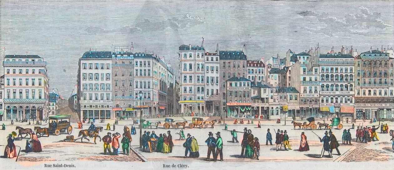 Boulevard Saint-Denis és Boulevard Bonne-Nouvelle - Rue Saint-Denis - Rue de Clery - Edmond Texier 1852-es metszete „Tableau-de-Paris”-ban alkotó: French School