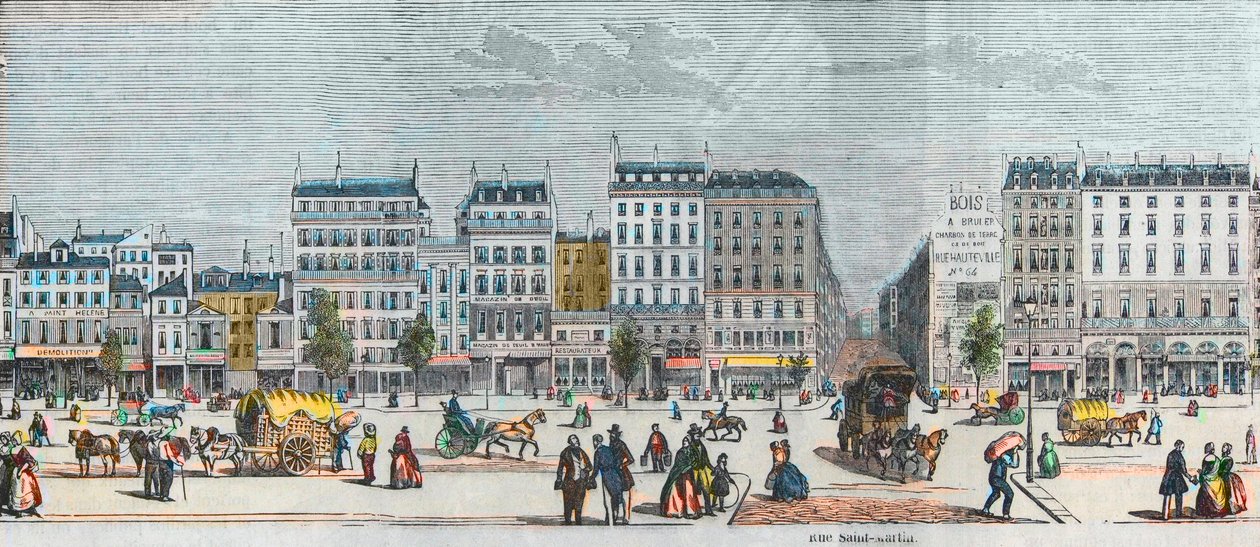 Boulevard Saint-Denis déli oldala – Rue Saint Martin – Edmond Texier 1852-es metszete „Tableau-de-Paris”-ban alkotó: French School