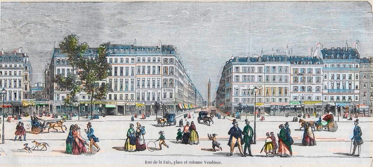 Boulevard des Capucines (déli part) - Rue de la Paix, hely és Vendome oszlop - Edmond Texier 1852-es metszete „Tableau-de-Paris”-ban alkotó: French School