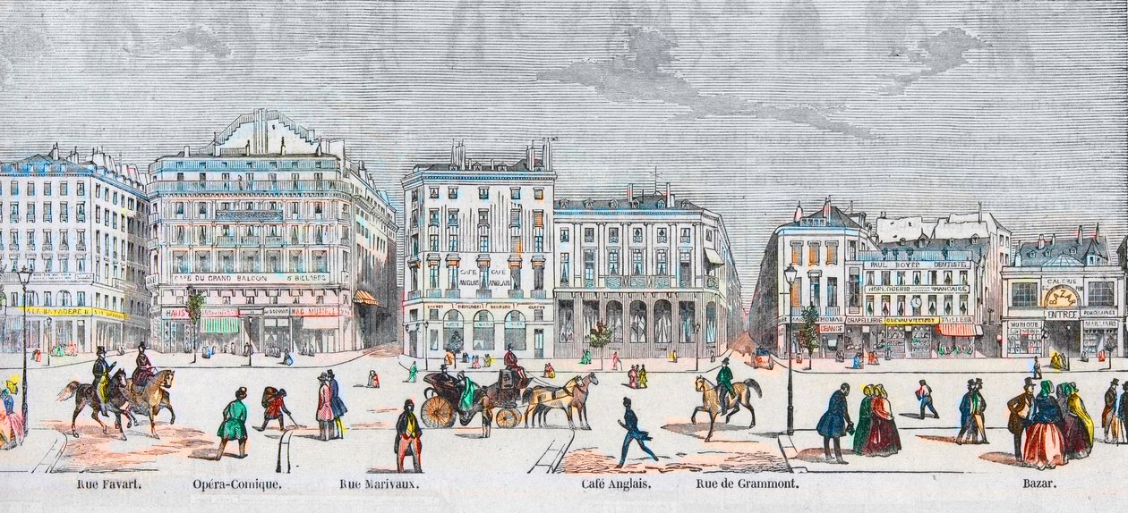 Boulevard des Italiens déli oldala – Rue Favart – Opera comique – Rue Marivaux – angol kávézó – Rue Grammont – Bazár – Edmond Texier 1852-es gravírozása „Tableau-de-Paris”-ban alkotó: French School