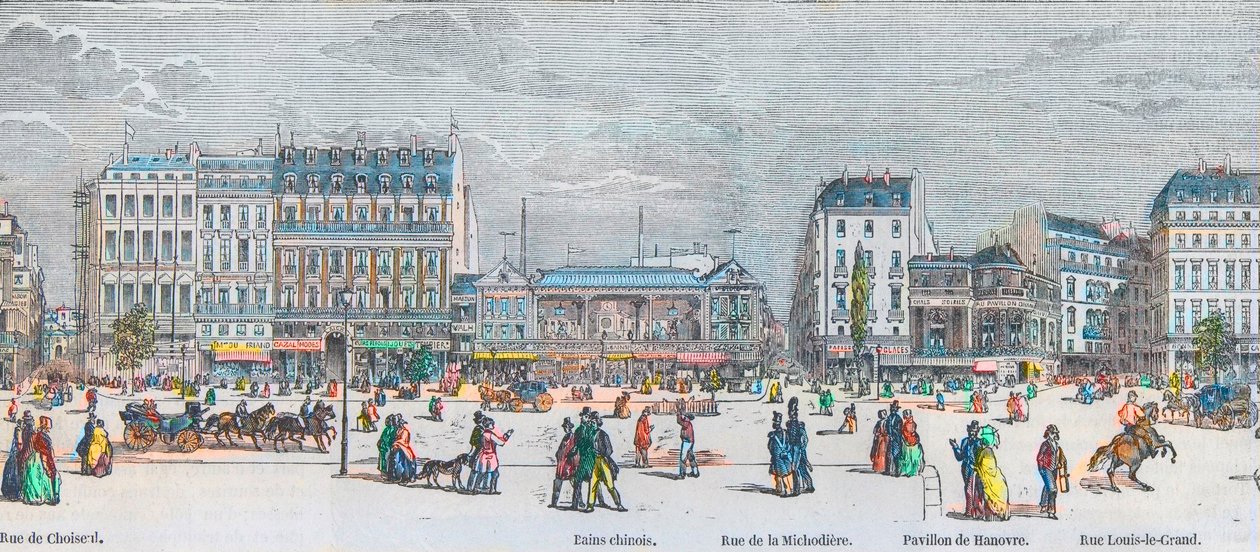 Boulevard des Italians déli oldala és Boulevard des Capucines déli oldala - rue de Choiseul - kínai fürdők - rue de la Michodiere - Pavillon de Hanover - rue Louis-le-Grand - Edmond Texier 1852-es metszete „Tableau-de-Paris”-ban alkotó: French School
