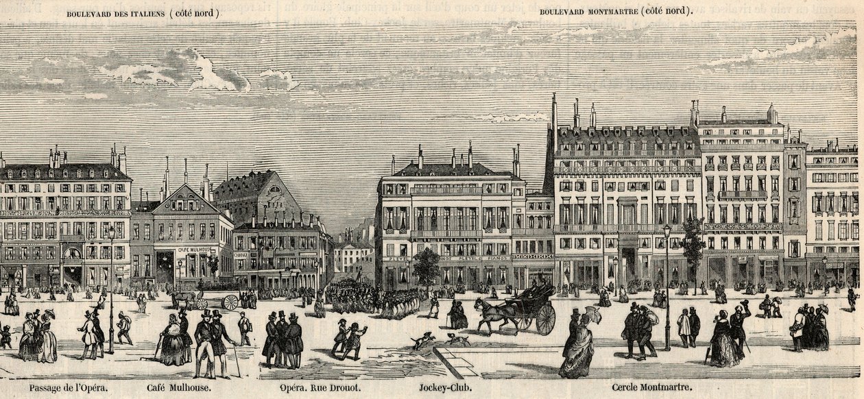 Boulevard des Italiens és Boulevard Montmartre - Cafe Mulhouse - Cercle Montmartre - Jockey klub - Edmond Texier 1852-es gravírozása „Tableau-de-Paris”-ban - alkotó: French School