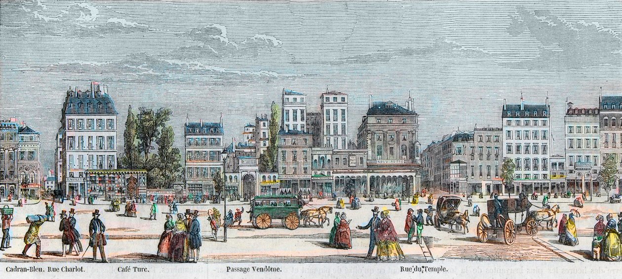 Boulevard du Temple déli oldala - Rue Charlot - Cafe Turk - Passage Vendome - Rue du Temple - Edmond Texier 1852-es metszete „Tableau-de-Paris”-ban alkotó: French School