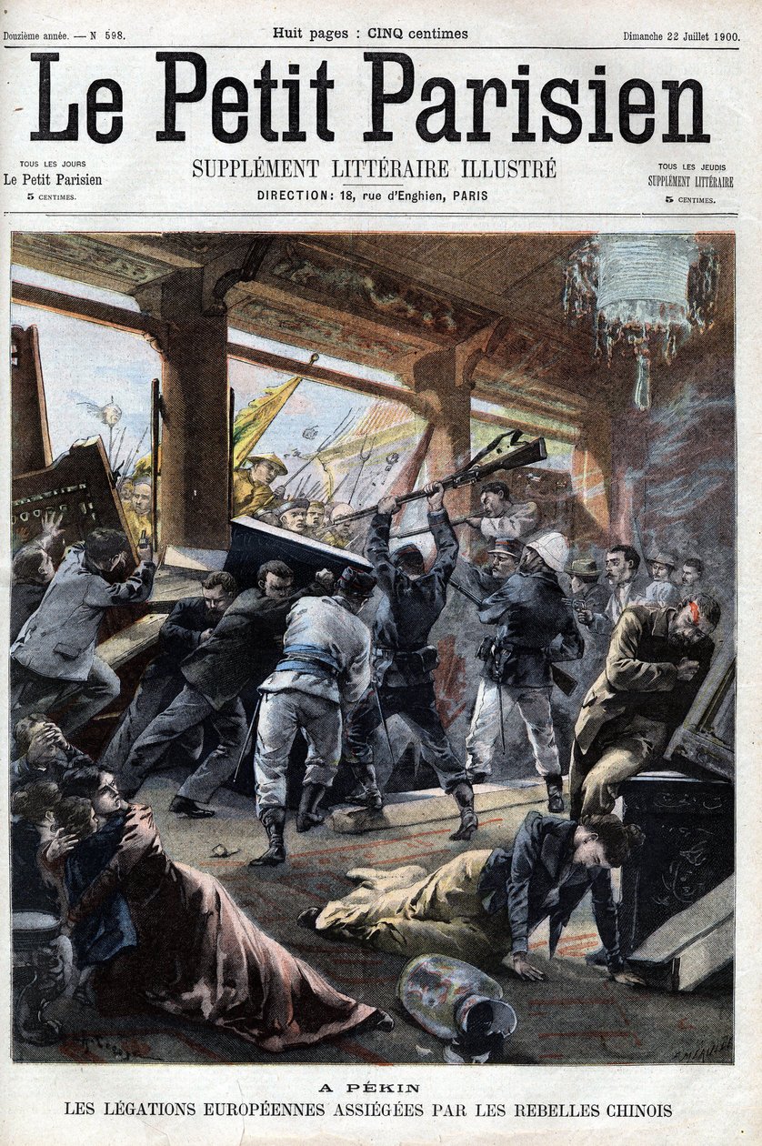 A lázadók megtámadják a Boxer Rebel európai küldöttségeit Pekingben – a "Le petit Parisien"-ben alkotó: French School