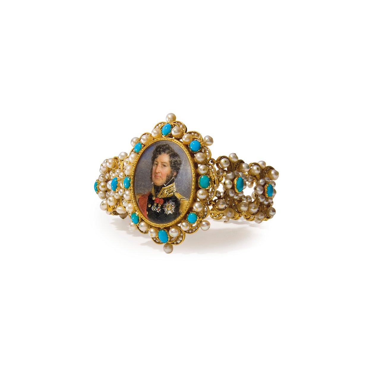 I. Lajos Fülöp, a francia király miniatúráját tartalmazó karkötő (arany, gyöngy, türkiz és akvarell elefántcsonton) (lásd még: 356598) alkotó: French School