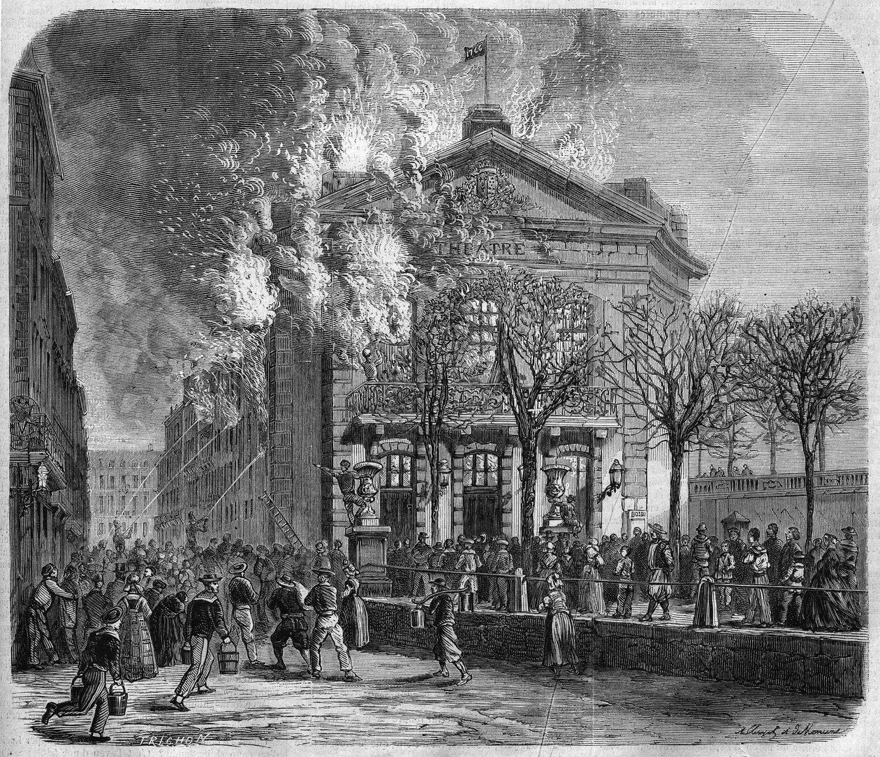Brest, a színház tüze 1866. március 11-én, Choquart de Lindu építette 1766-ban, metszet Clerget és Moraine rajza és a Mágus fivérek fényképe után, „Az illusztrált univerzumban”, 1866.03.24. alkotó: French School