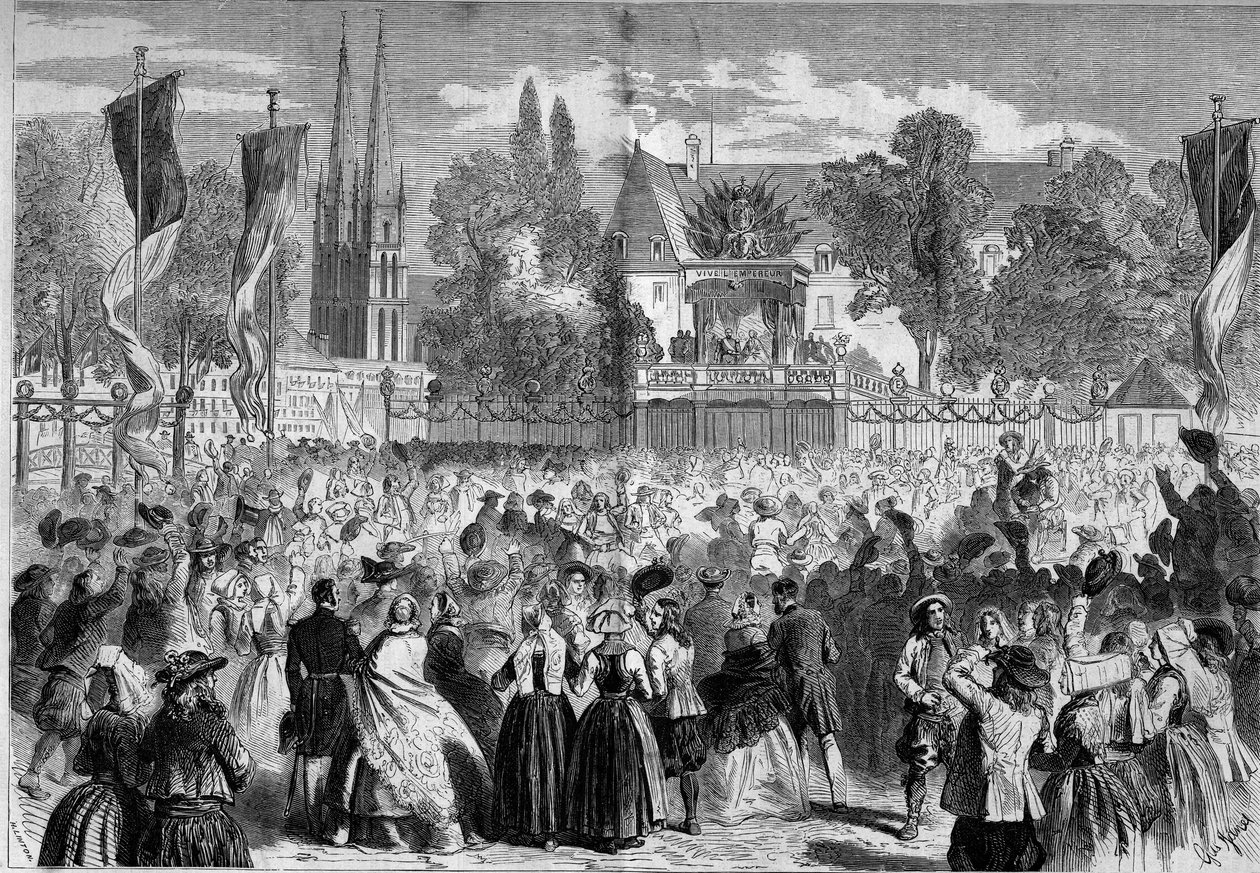 Breton Ball a csatatéren Quimperben (Finistere, 29) III. Napóleon (1808-1873) és Eugenie impresszum (1826-1920) jelenlétében. Metszet a „” Le Monde Illustré”” 72. számában, augusztus 28-án alkotó: French School
