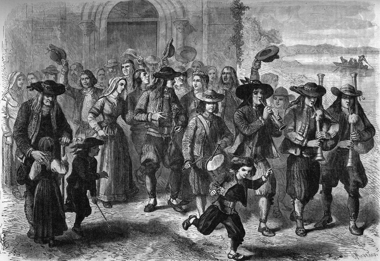 Breton szokás: fiatal házasságkötések a templom kijáratánál. A csapat tetején a biniou és a dob játékosai állnak. Treguennec, Finistere (29) alkotó: French School