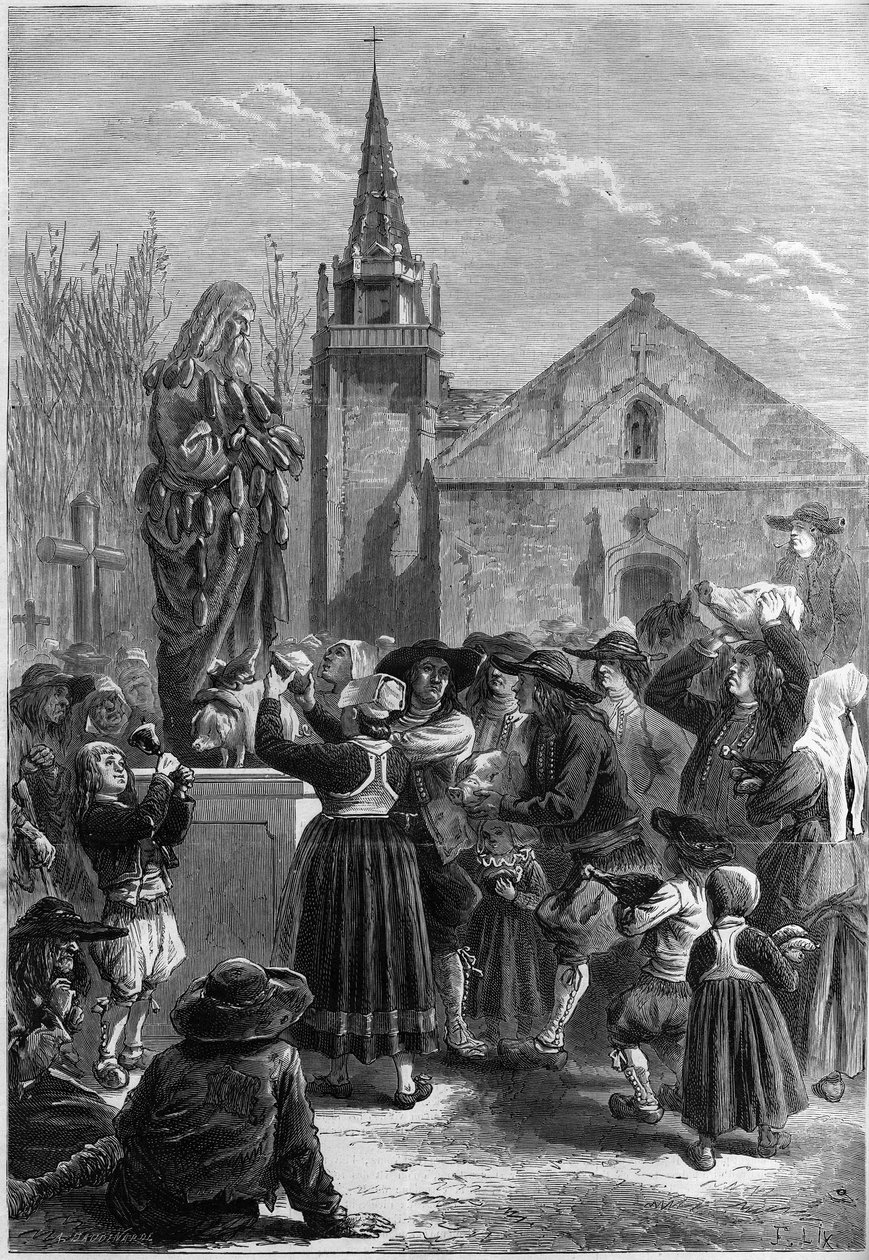 Breton szokás: „festar goadgennon” vagy „a fete des boudins”. Egy falu lakói zoknival borítják be Nagy Szent Antal (vagy Remete Szent Antal vagy Apát Szent Antal) szobrát. Néhány gazda disznófejet hoz. Metszet „” Le Mon alkotó: French School