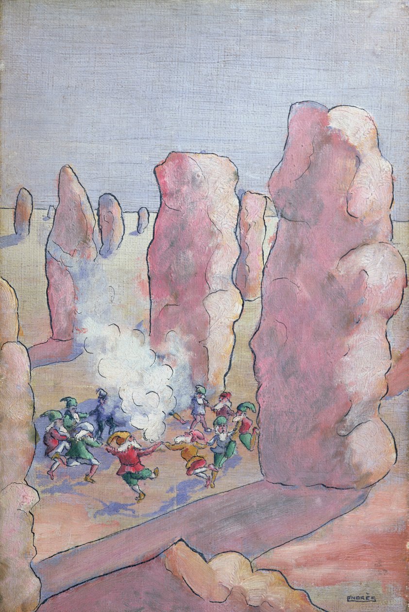 Kőkör körül táncoló breton gnómok, 19. század vége alkotó: French School