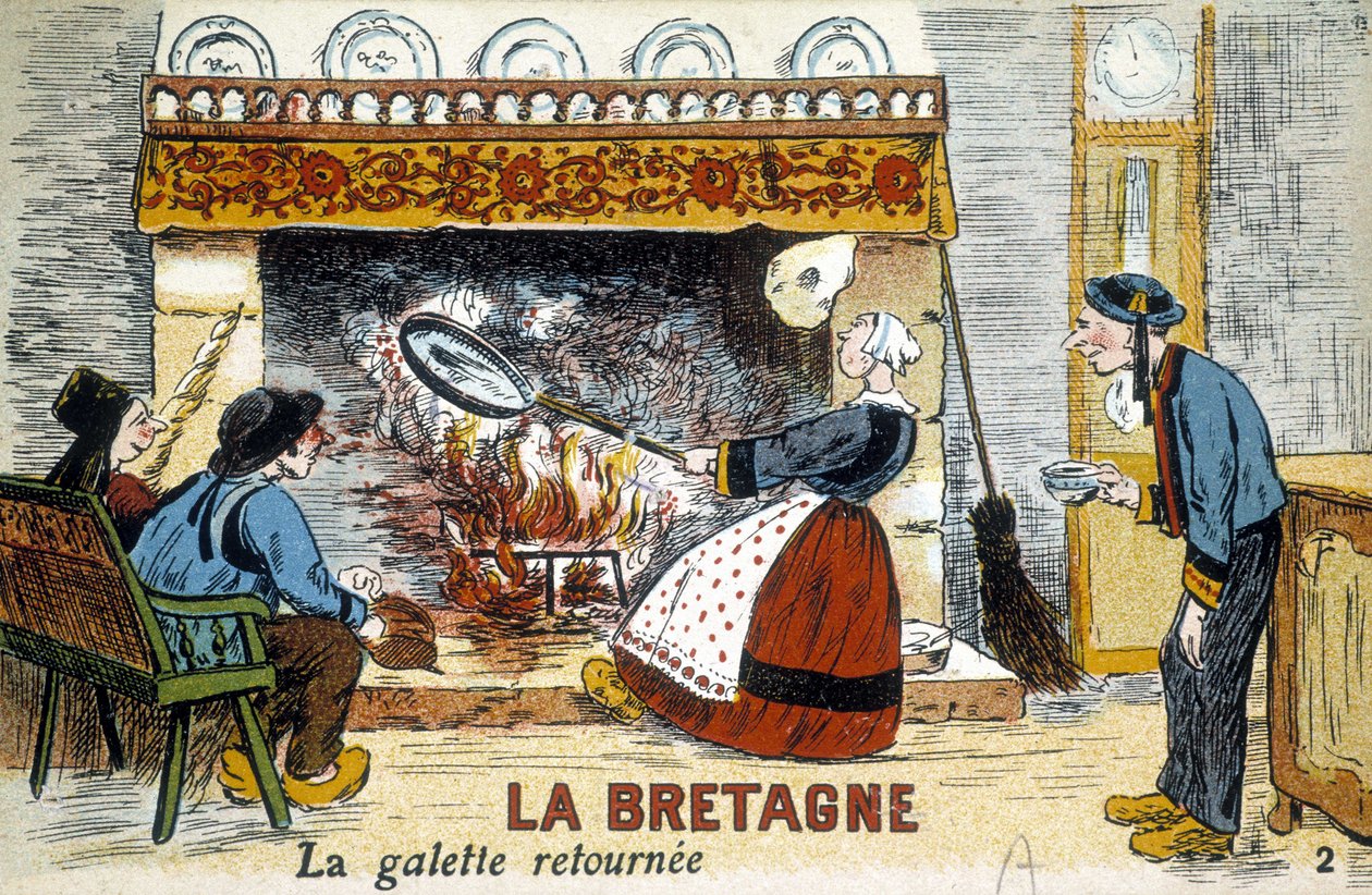Bretagne: a galette visszakerült a chiminee-hez (krepp) - képeslap, deb. XX. század alkotó: French School