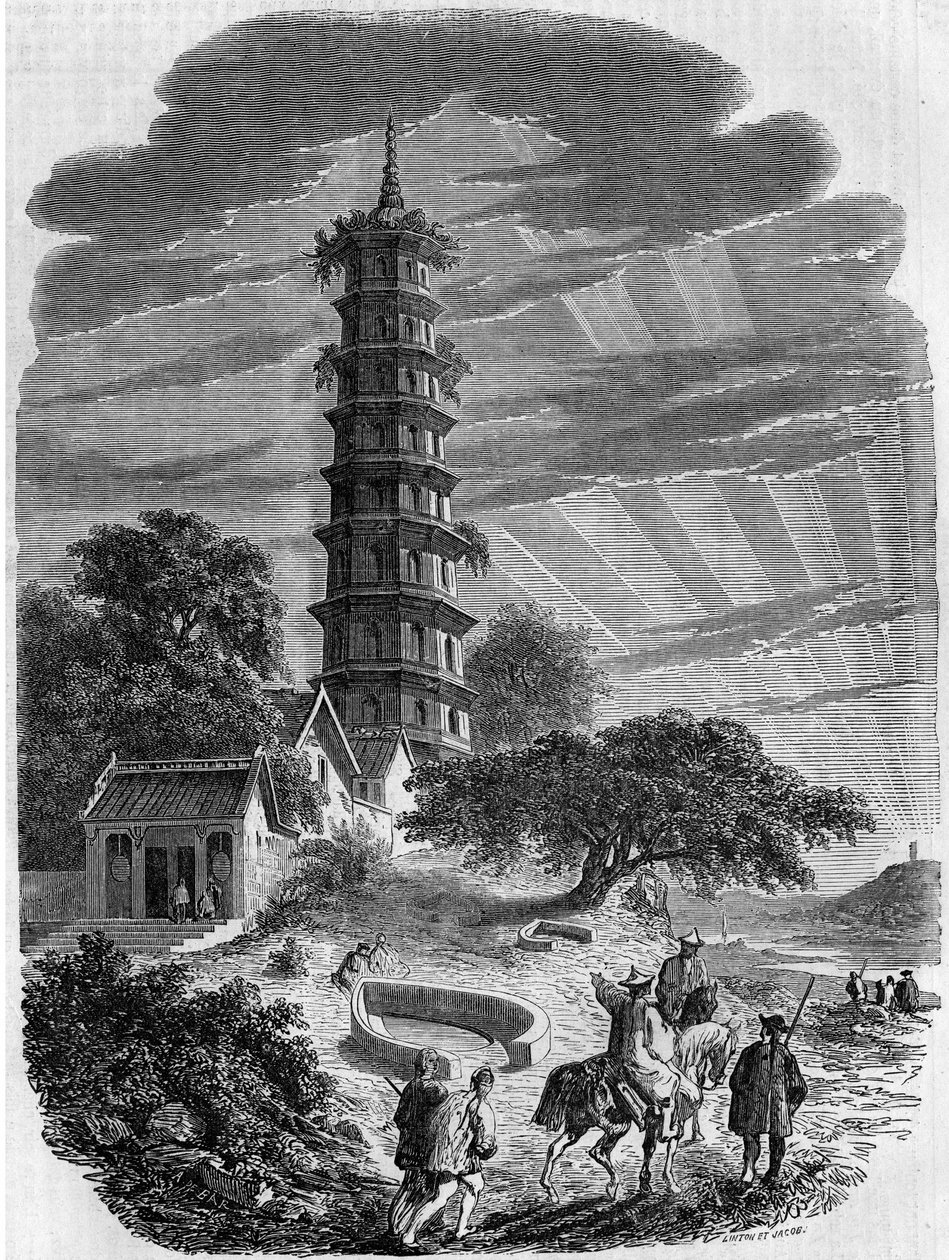 Buddhista építészet: külső kilátás a nyolcszögletű pagodára a Whampoa-szigeten, Kínában alkotó: French School