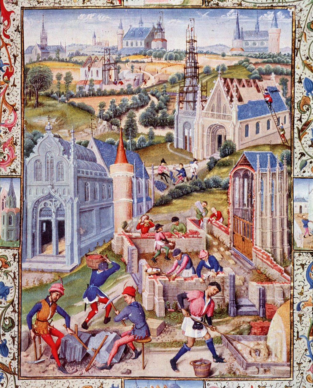 Saint Denis (város) építkezései 12 templom építésére a 12 apát tiszteletére. Miniatúra a "Tres Noble Gerard de Roussillon gróf életéből". alkotó: French School