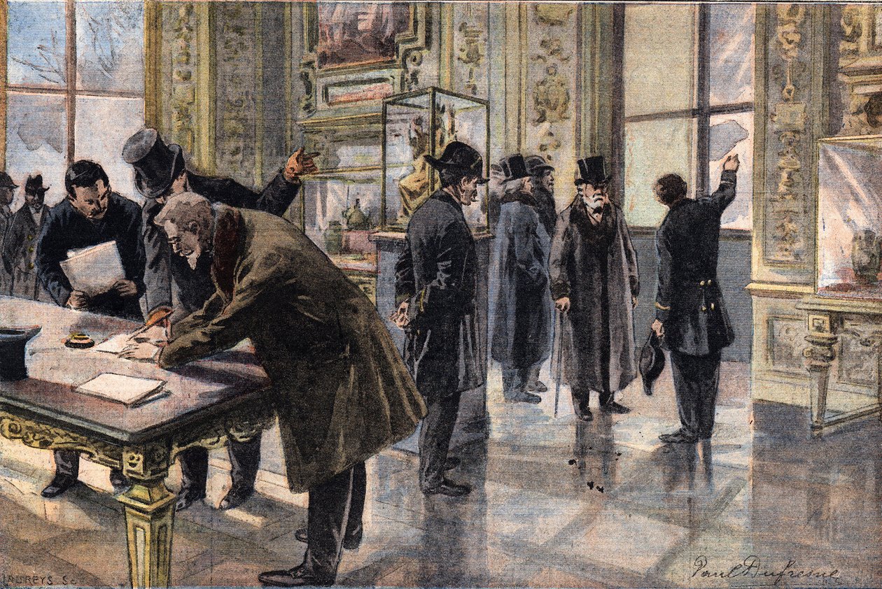 Betörési kísérlet a párizsi Louvre múzeumba, Illusztráció a Le Petit Parisien francia újságból, február 2. alkotó: French School