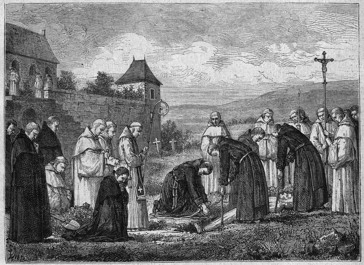 Egy karthauzi temetése a tamie-i apátságban, Savoyában (ciszterci közösség). Metszet 1875-ből. alkotó: French School