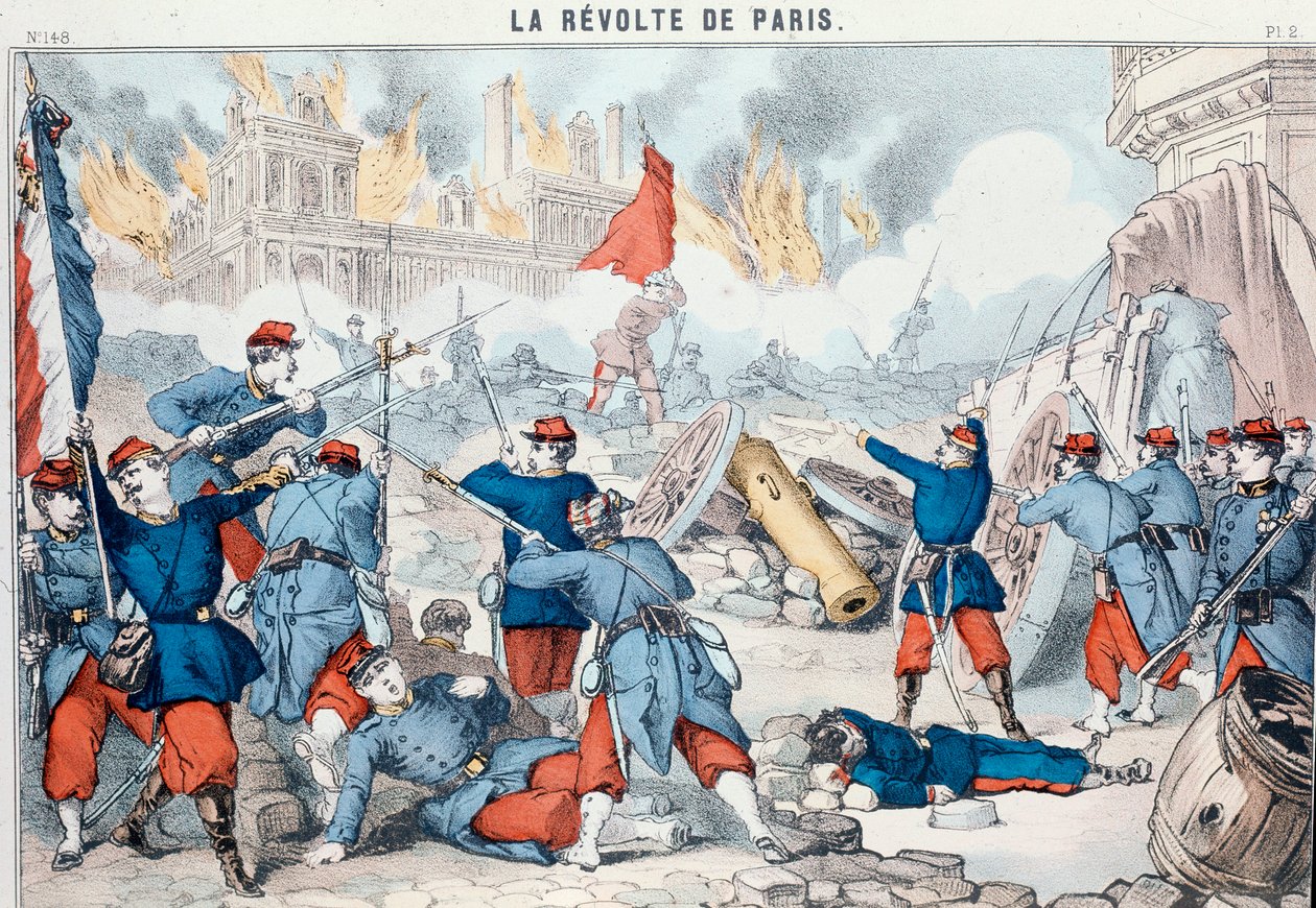 A párizsi városháza felgyújtása és lerombolása a kommunisták által, 1871. május (Epinal-nyomat) alkotó: French School