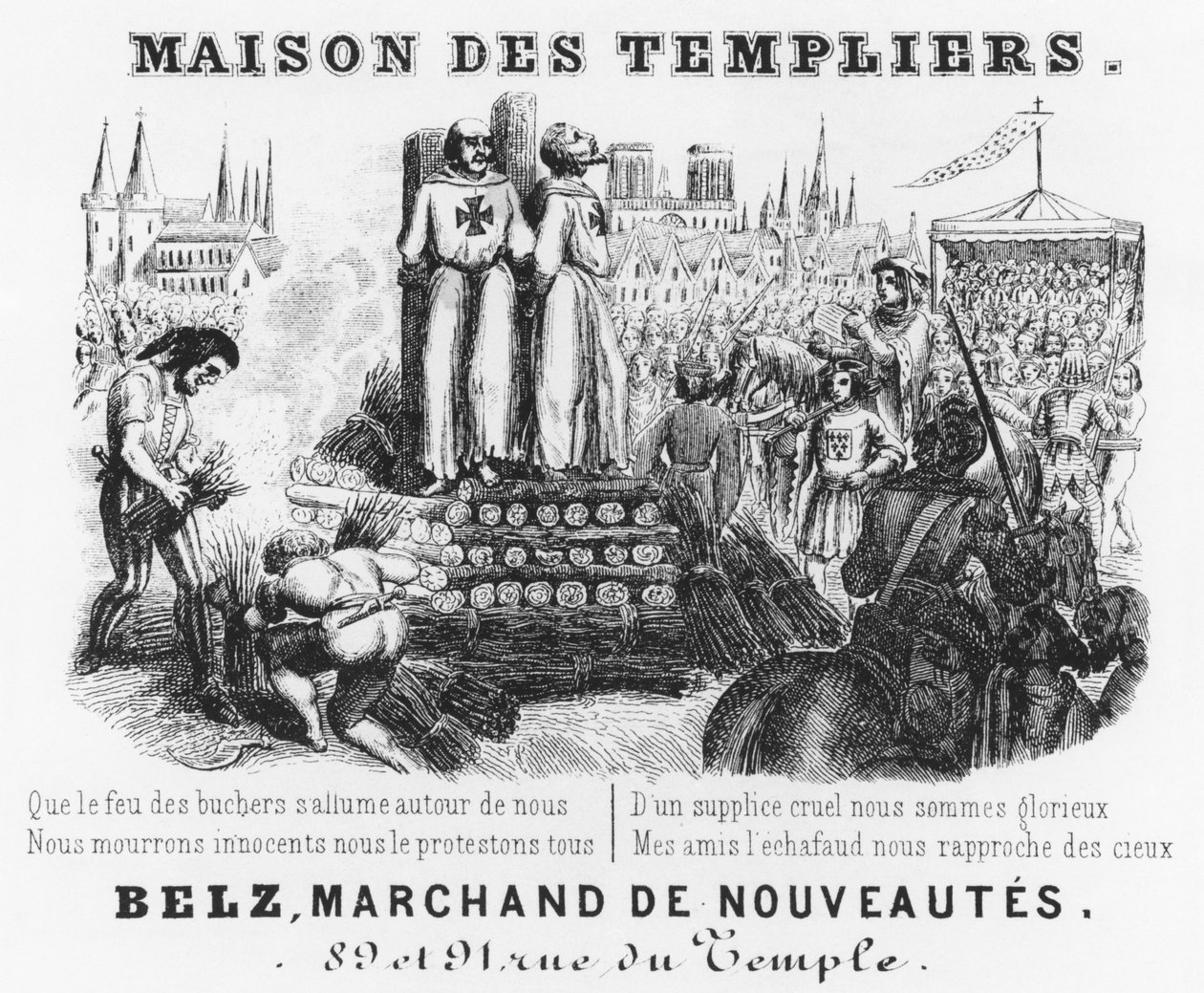 A templomosok égetése, egy drapériás bolt számlacíme, Maison des Templiers, Belz, rue du Temple, Párizs, 1840 körül alkotó: French School