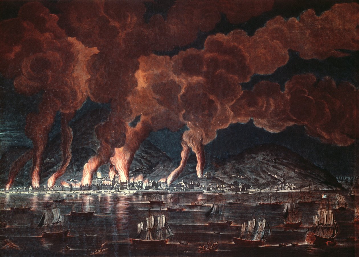 Cap-Francais városának leégése, Saint-Domingue (Haiti), 1795 (színes metszet) alkotó: French School