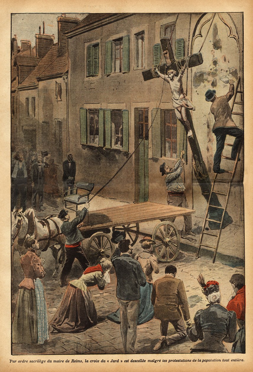 Reims polgármesterének, Charles Arnouldnak a parancsára a rue du Jard-i iskola falán lévő keresztet lekeresztelték, ami számos tiltakozást váltott ki, az állami intézmények fokozatos lazításával összefüggésben. Metszet a "Le pelerin"-ben 1900. június 24-én alkotó: French School