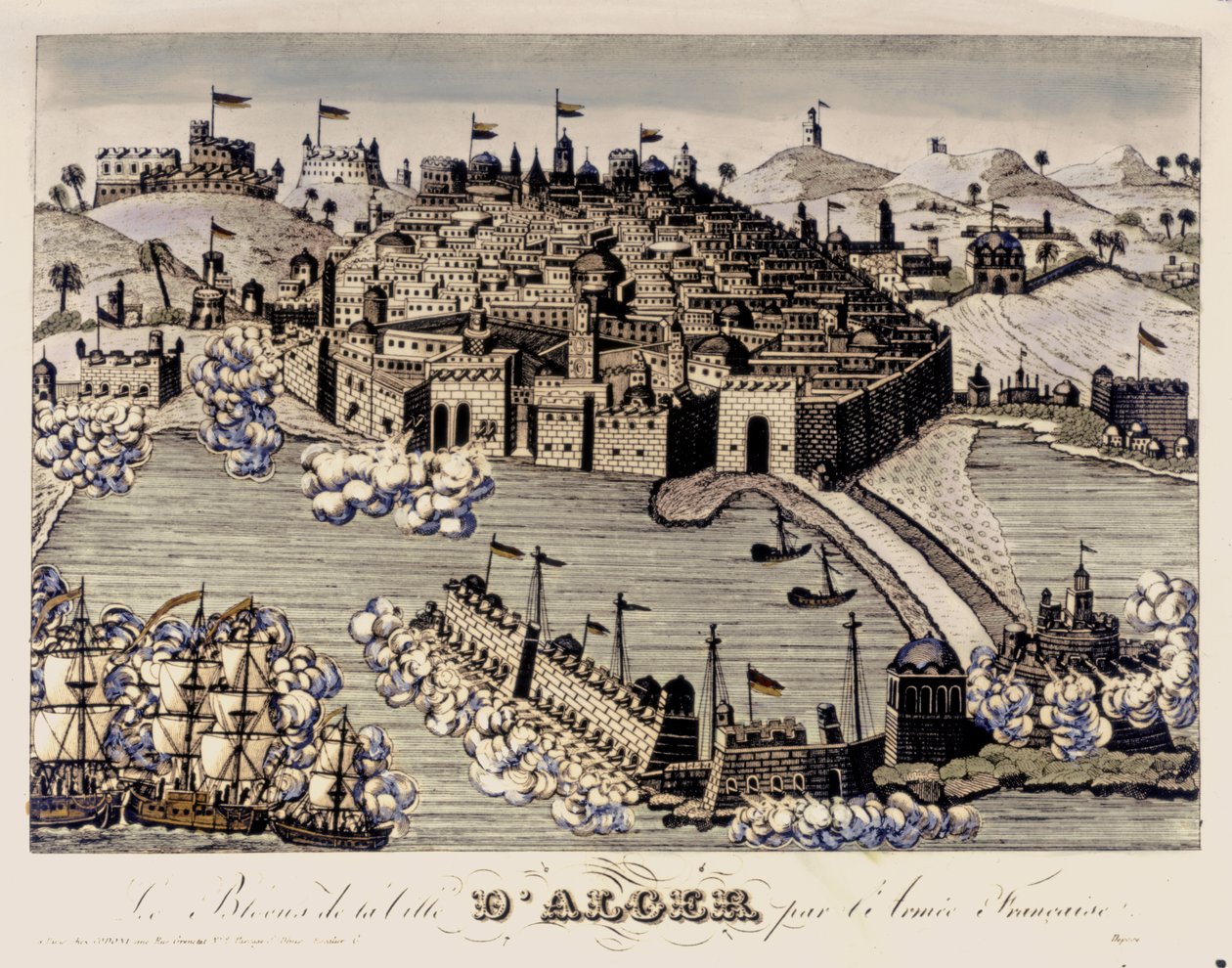 KOLONIALIZMUS: Algír városának blokádja a francia hadsereg által. 1830 (színes metszet) alkotó: French School
