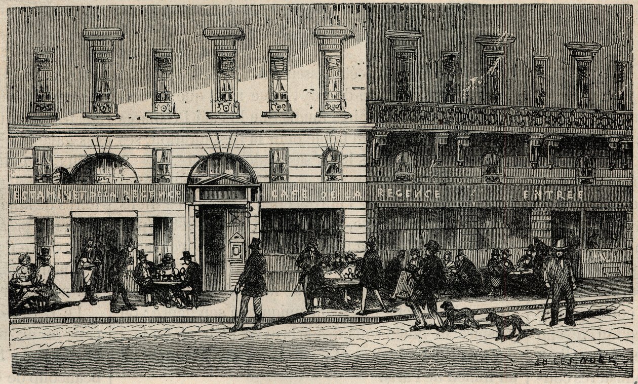 Cafe de la Regence a párizsi Place du Palais-Royalban a 19. században – Edmond Texier metszet a „Tableau-de-Paris”-ban 1852 alkotó: French School