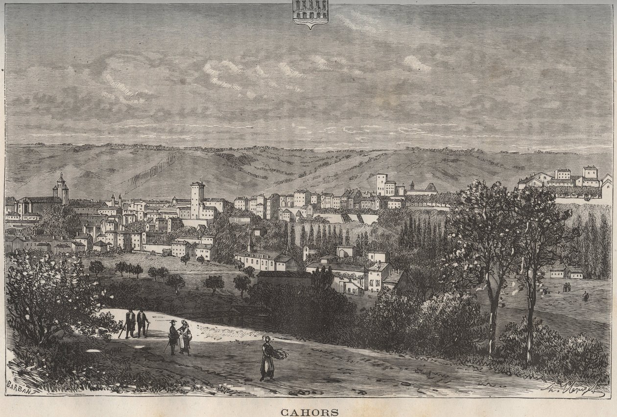 Cahors - Lot - Midi-Pyrenees - metszet V.A. Malt-Brown „La France illustrée: földrajz, történelem, statisztikai igazgatás” c. 1884 alkotó: French School
