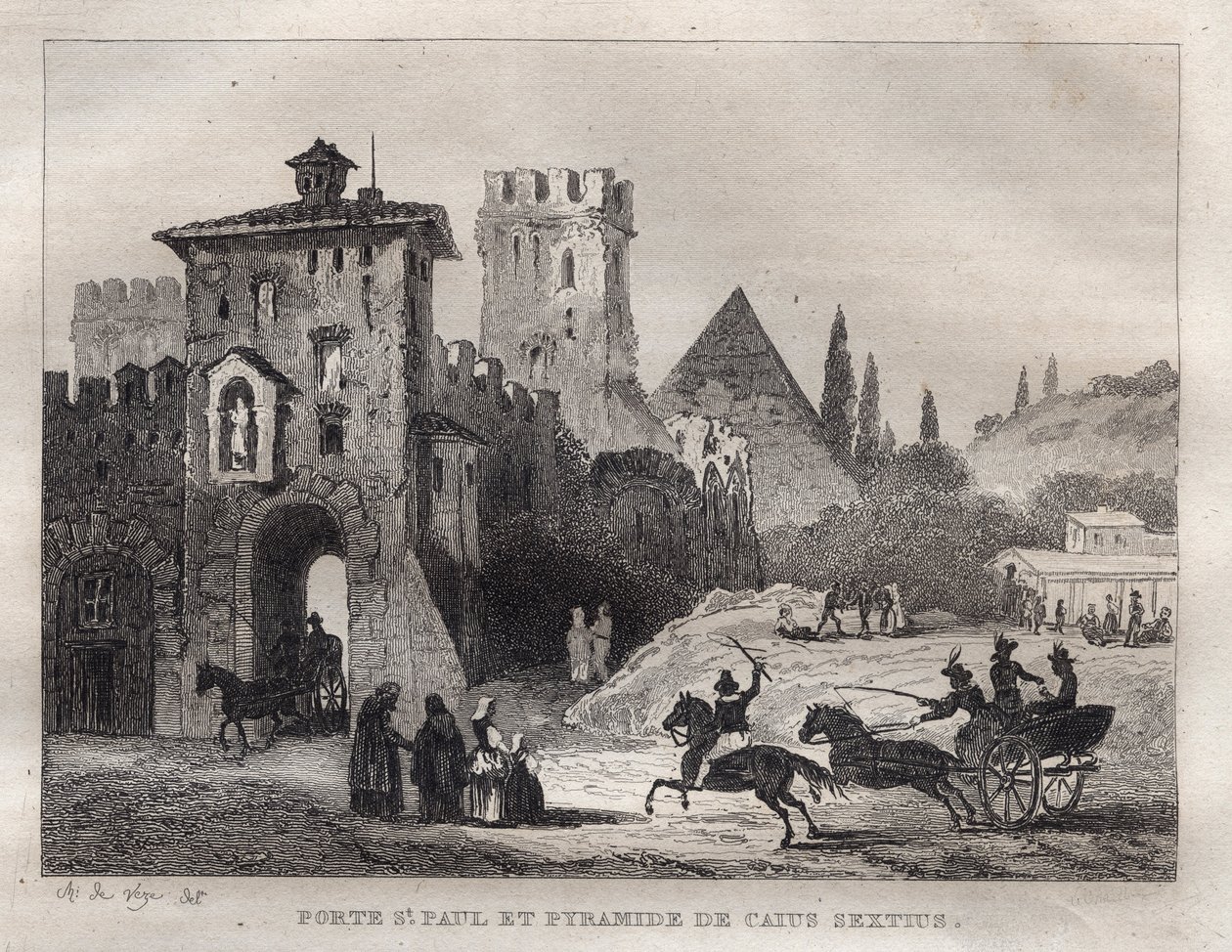 Caius Cestus piramis és Szent Pál kapuja Rómában Porte Saint Paul és Caius Sextus piramis a Rómában - Metszet a „festői Olaszországból” – Olaszország történelmi és leíró festménye””, M. de Norvins, Ch. Nodier 1834-1836. alkotó: French School