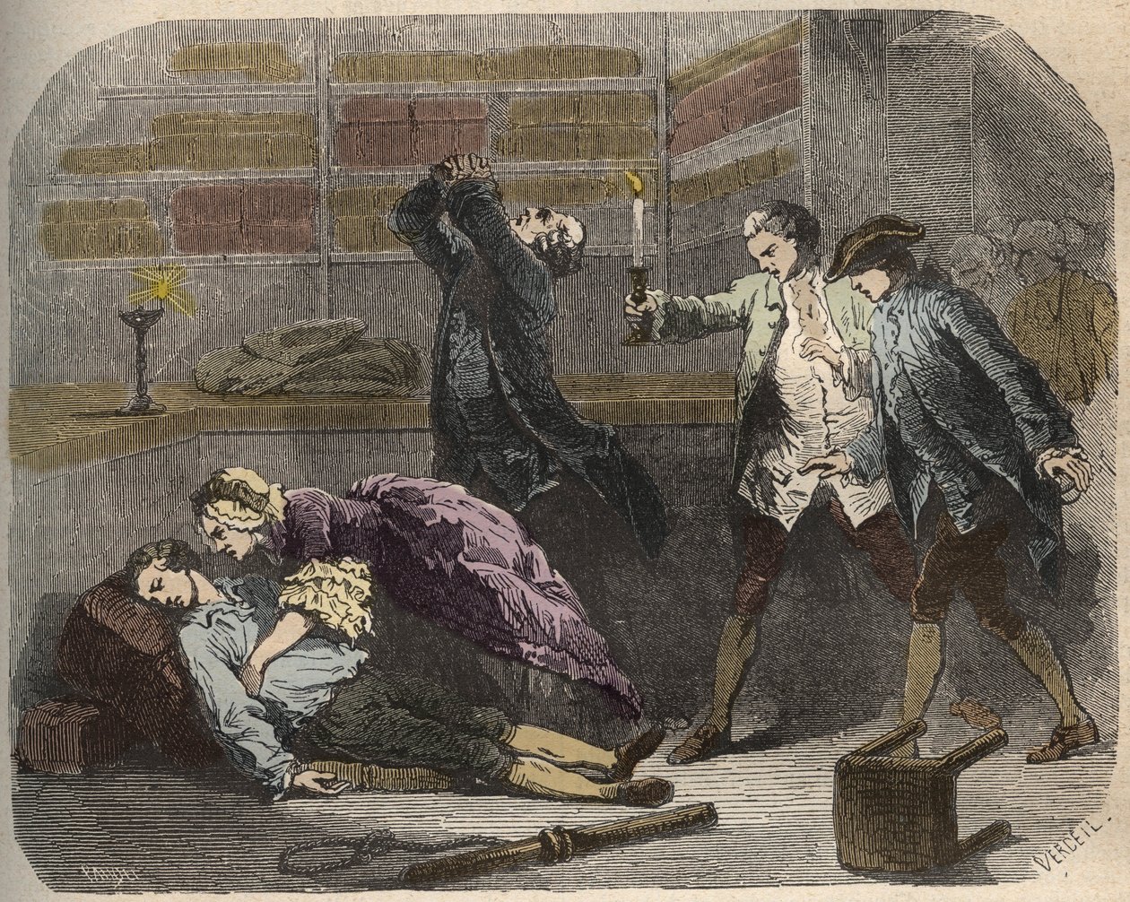 Calas eset: 1761. október 13-án Marc Antoine Calast holtan találták a toulouse-i családi butikban - Armand Fouquier (1817-18?) „Causes celebres de tous les peuples” című metszet 1858-1867 - magángyűjtemény alkotó: French School