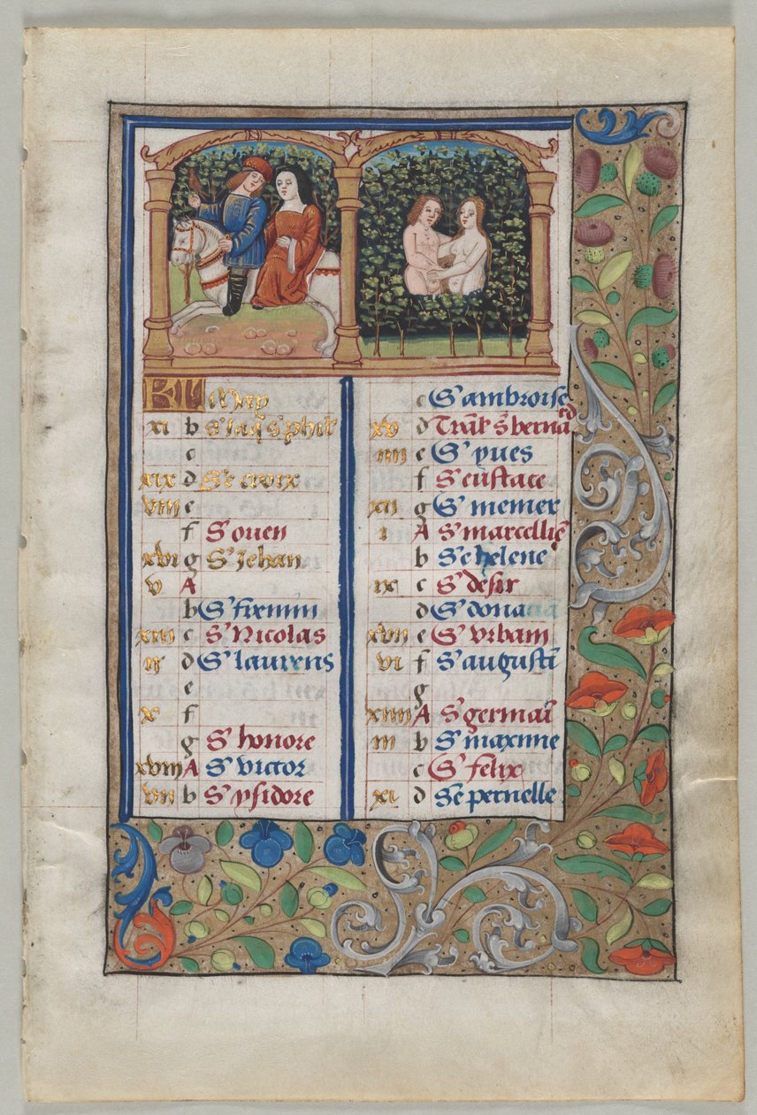 Májusi naptárlap (recto), 1510 körül (tinta, tempera, arany, pergamen) alkotó: French School