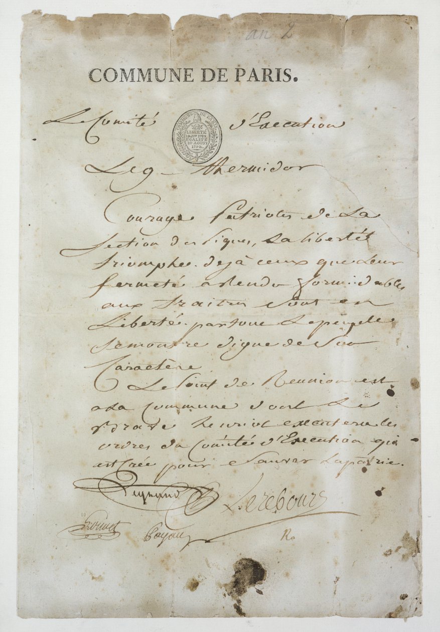 Maximilien de Robespierre (1758-94) hívása, hogy csatlakozzon a Commune-hoz, 9 Thermidor An 2 (1794. július 27.) (toll és tinta papíron) alkotó: French School