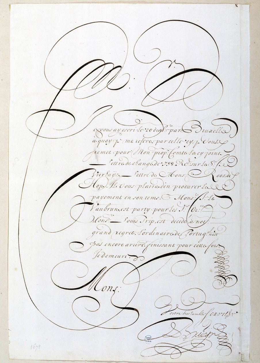 Kalligráfia: Francois de Bruyn 1678 körüli kalligráfusa. Párizs város történelmi könyvtára alkotó: French School