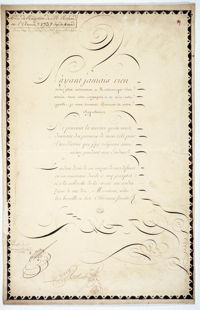 Kalligráfia: Andre Francois Roland 1737-ben kelt recepciós darabja. alkotó: French School