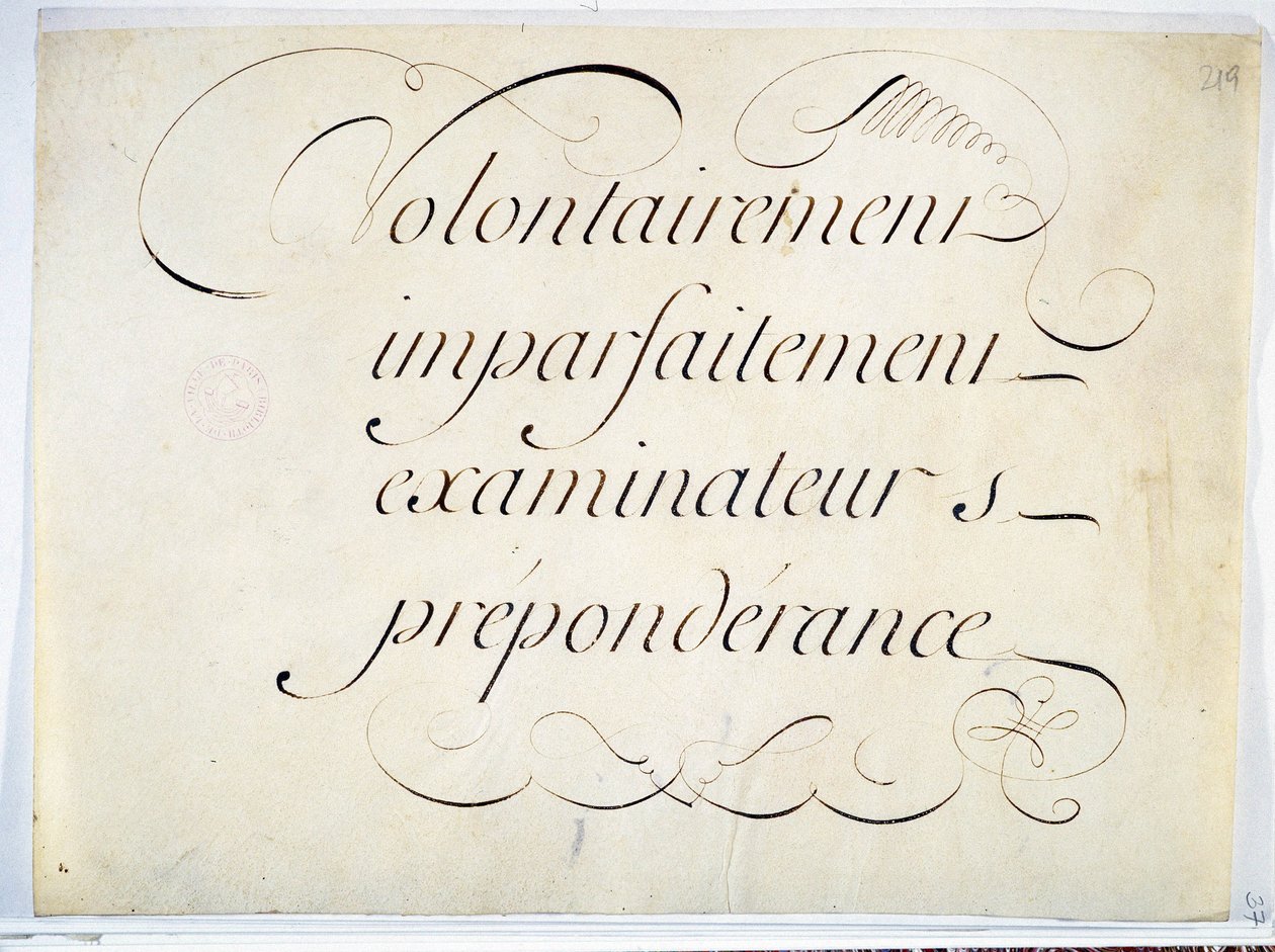 Kalligráfia: Andre Francois Roland kéziratos darabja 1670 körül. „szándékosan, tökéletlenül, vizsgáztatók, túlsúly””. alkotó: French School