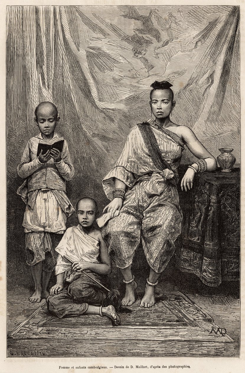 Kambodzsai nő és gyerekek, metszet D.Maillart rajza után, amely a Cochinchine-i utazást illusztrálja, Doktor Morice, 1872-ben, megjelent a „Le tour du monde”” 1875-ben, szerkesztette Edouard Charton, Hachette kiadás, Párizs. Selva kollekció. alkotó: French School