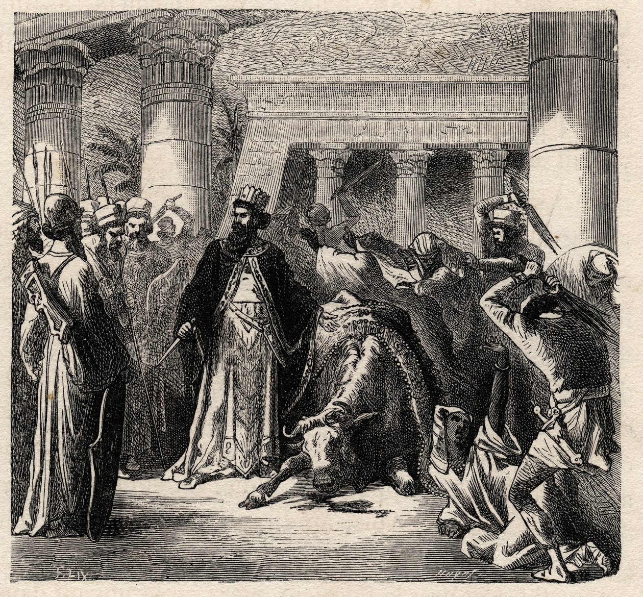 II. Cambyses, az akhemenida perzsák uralkodója megöli az Apis-t, az egyiptomiak szent bikáját – Cambyses vagy II. Cambyse (Kr. e. 530-522) metszet Arthur Mangin „” L