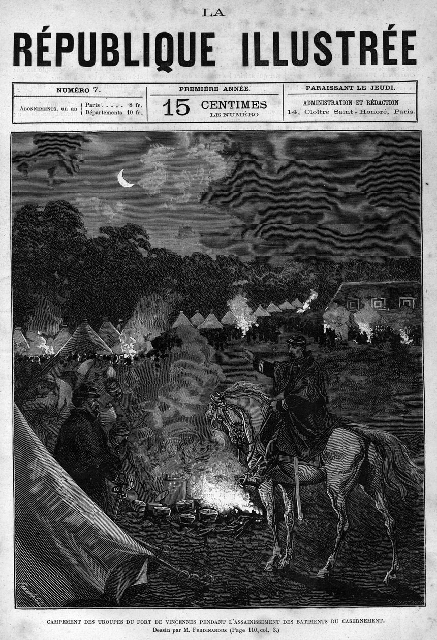 Fort de Vincennes csapatainak tábora a negyed épületek tisztítása közben. Egy újság. Metszet 1880-ból a „La republique illustree”” magángyűjteményben. alkotó: French School