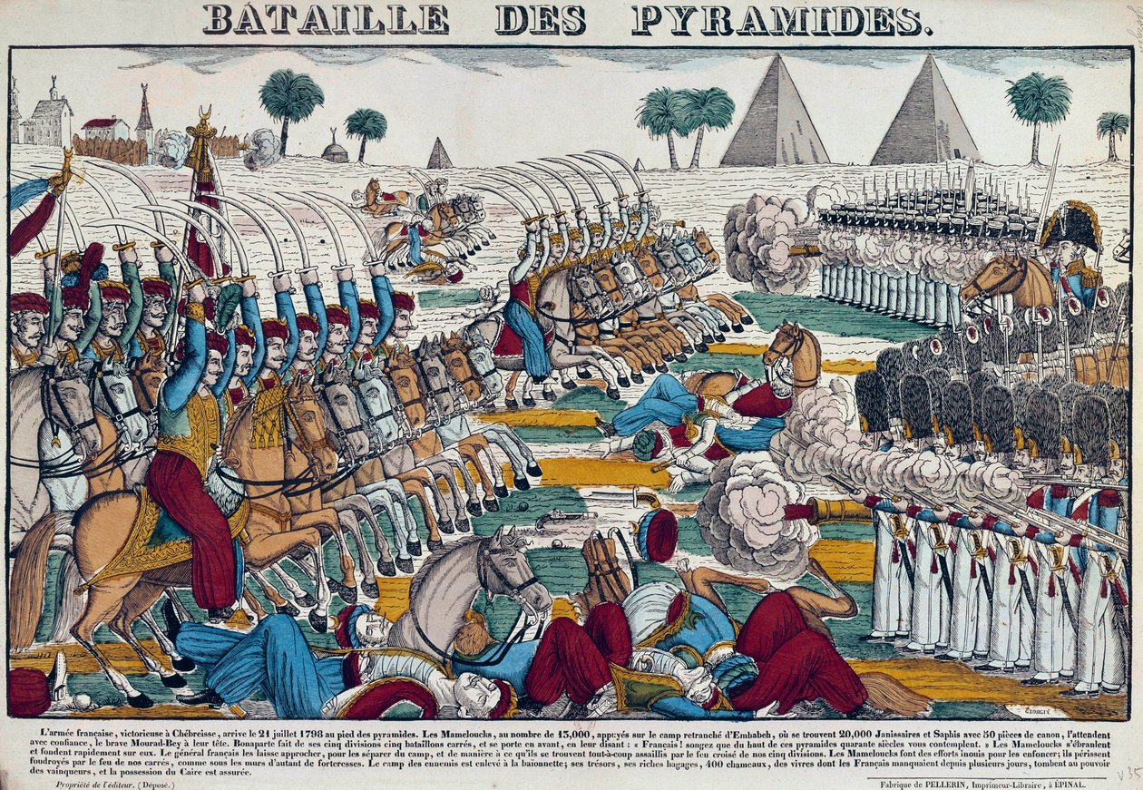 Egyiptom hadjárata (expedíciója) (1798-1801): Egyiptom csata 1798.07.21-én. századi metszet. alkotó: French School