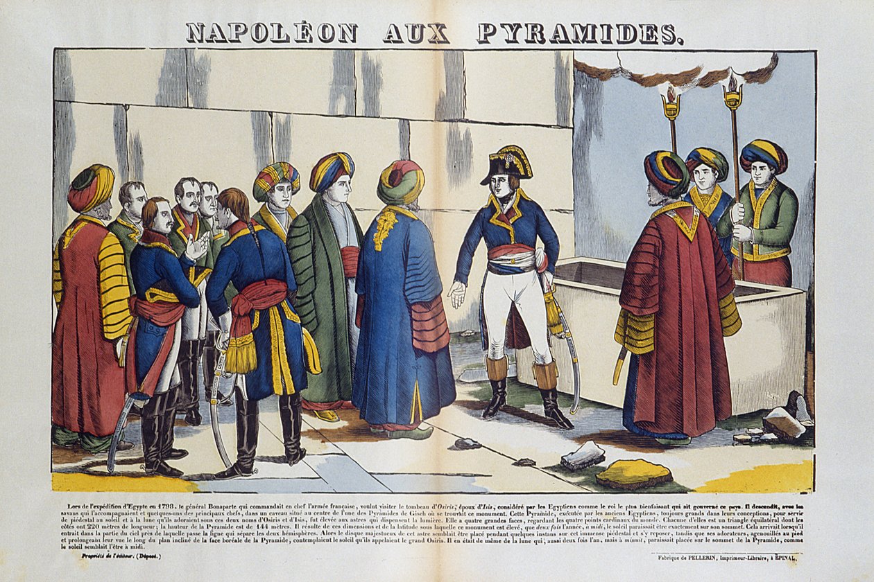 Egyiptom hadjárata (expedíciója) (1798-1801): Bonaparte Napóleon az egyiptomi piramisokhoz 1799-ben. Epinal képe alkotó: French School