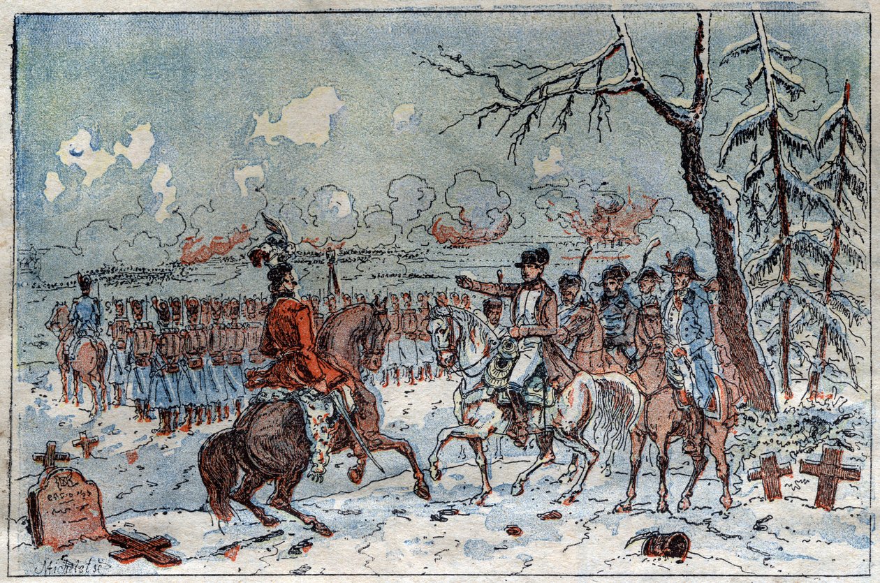 Poroszország és Lengyelország hadjárata (1806-1807): I. Napóleon (1769-1821) az eilaui csatatéren 1807.02.08-án megparancsolta Muratnak, hogy taszítsa vissza az orosz lovasságot. századi metszet. alkotó: French School