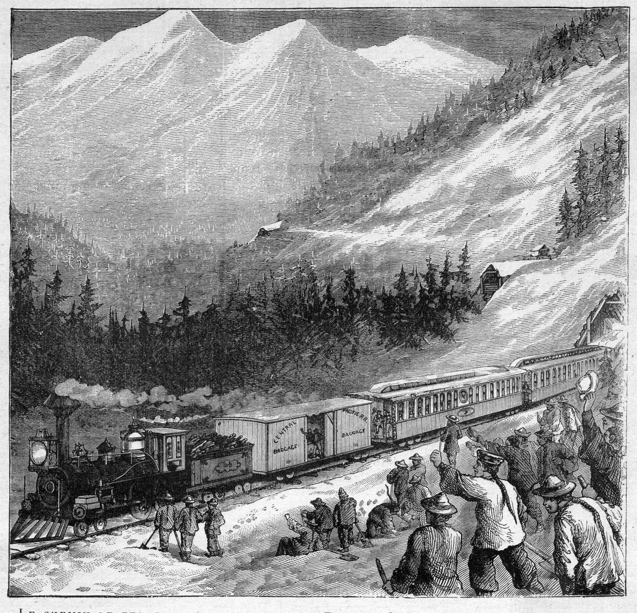 Kanadai csendes-óceáni vasút 1888-ban - Kanadai csendes-óceáni vasút - Vonat áthaladása Sierra Nevadában - Metszet a „Journal des Voyages” 1888-ban alkotó: French School