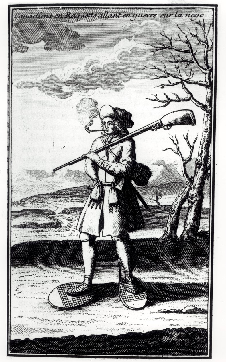 Hócipős kanadai, aki háborúzik a havon, Bacqueville de La Potherie (1663-1736) 1753-ban megjelent Histoire de lAmerique septentrionale című művéből alkotó: French School