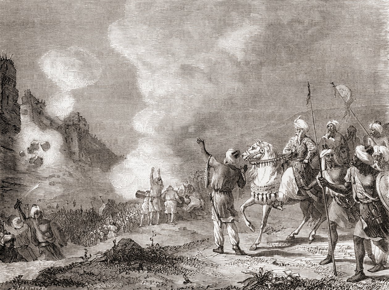 Abu Yaqub Yusuf szultán által ostromgépként használt ágyúk a marokkói Sijilmasa 1274-es ostrománál, Les Merveilles de la Science című, 1870 körül megjelent kötetből (metszet). alkotó: French School