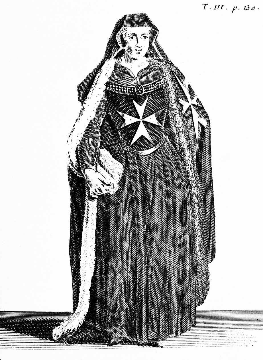 A jeruzsálemi Szent János Lovagrend kanonikusa a rodoszi időszakban, illusztráció Pierre Helyot (1660-1716) „Histoire et Costumes des Ordres Monastiques” című művéből alkotó: French School