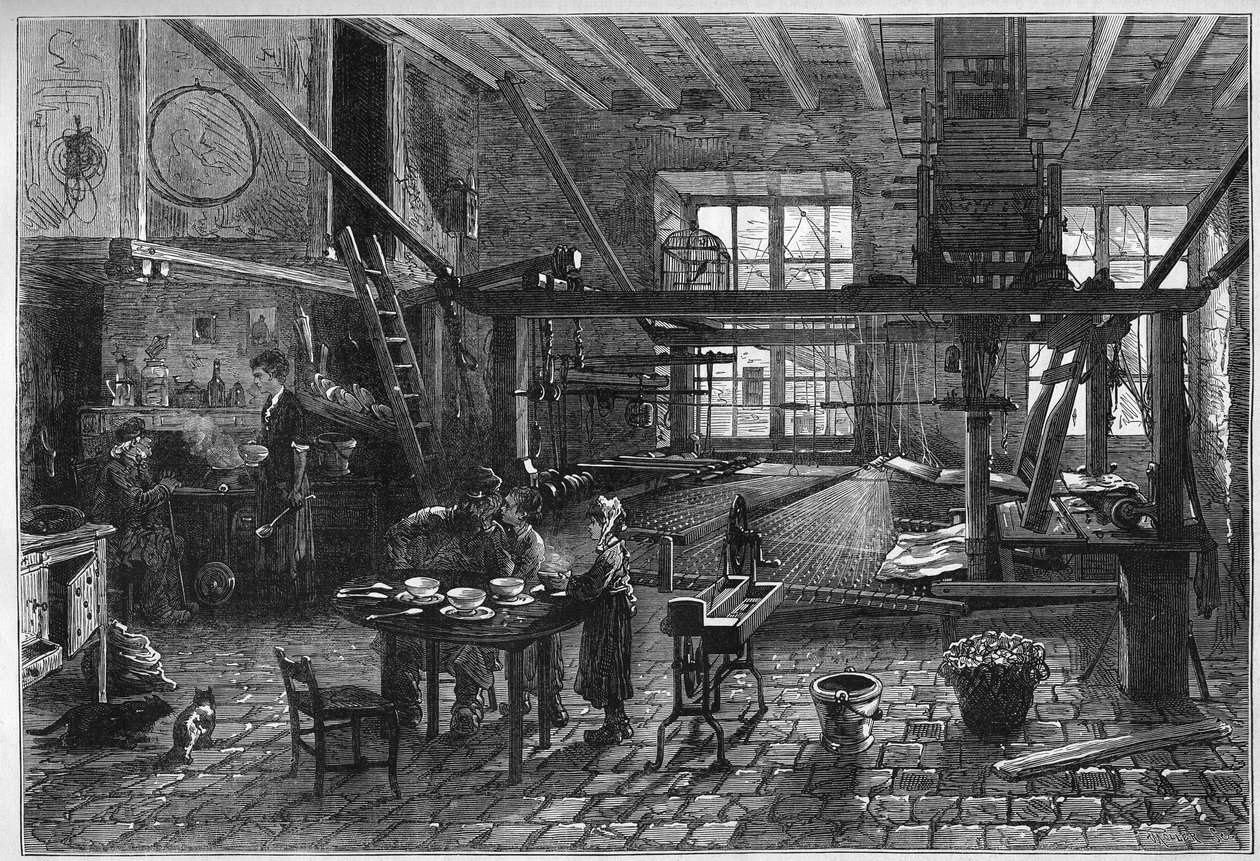 Canut műhely. Egy lyoni selyemszövő műhely belseje a 19. század végi válság idején. Metszet a „” Le Monde Illustré”” 1039. számában, 1877. március 10. alkotó: French School