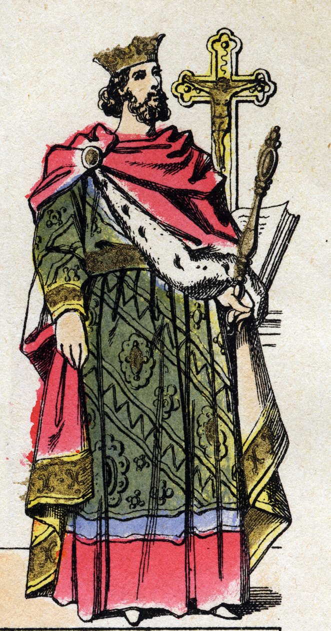 Capetian-dinasztia: II. Jámbor Róbert (972-1031), a frankok királyának portréja 996-tól 1031-ig. Epinális képalkotás a 19. század végéről. Magángyűjtemény. alkotó: French School