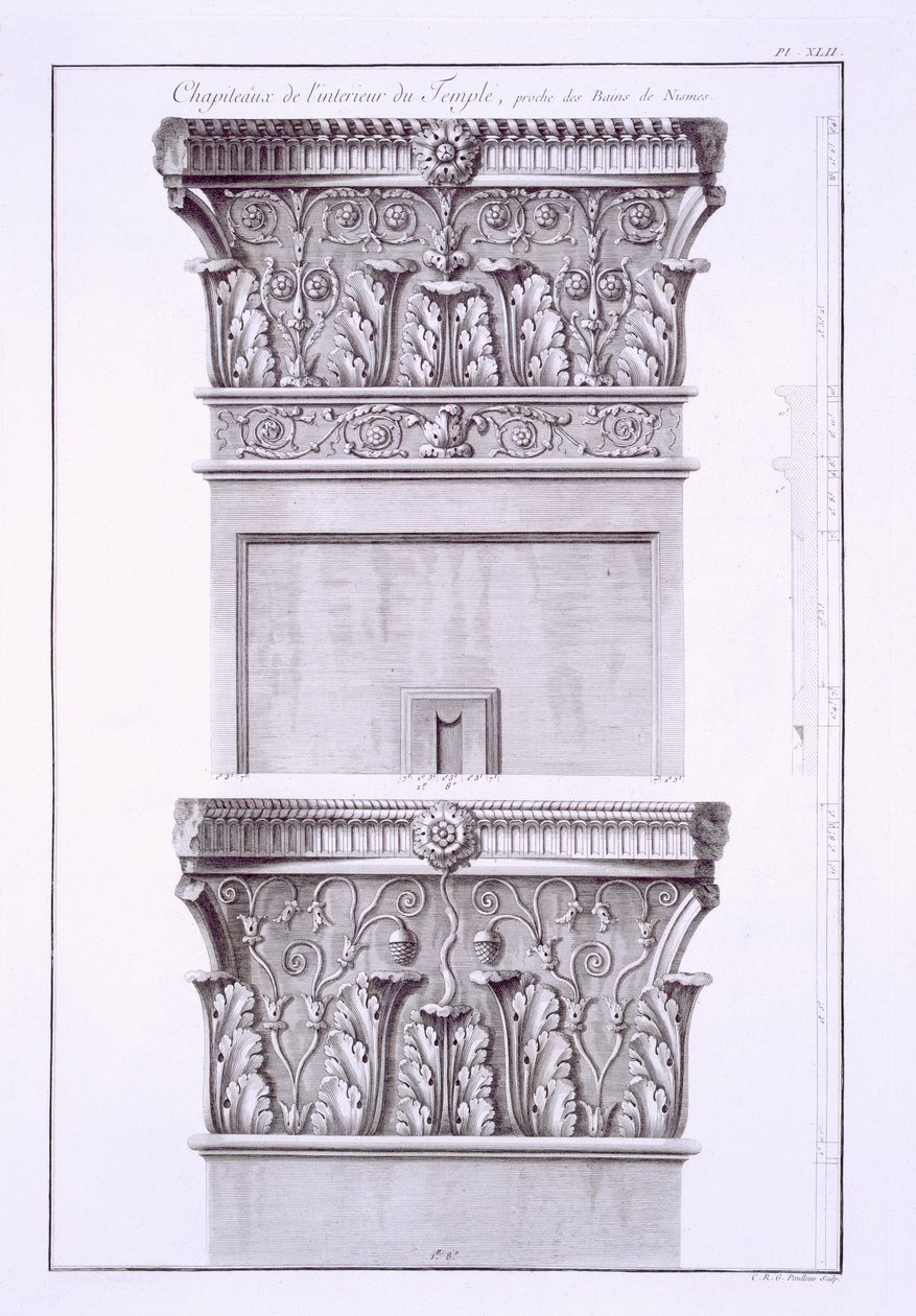 Fővárosok a római fürdő melletti templomból, Nimes, az Antiquites de la France-ból: I. kötet, Monuments de Nimes alkotó: French School