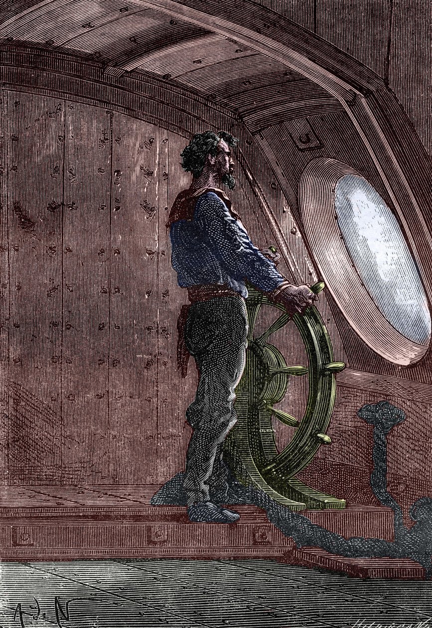 Nemo kapitány a Nautilus kormányánál, Jules Verne "Twenty Thousand Lieues Sous Les Mers" című művéből. alkotó: French School