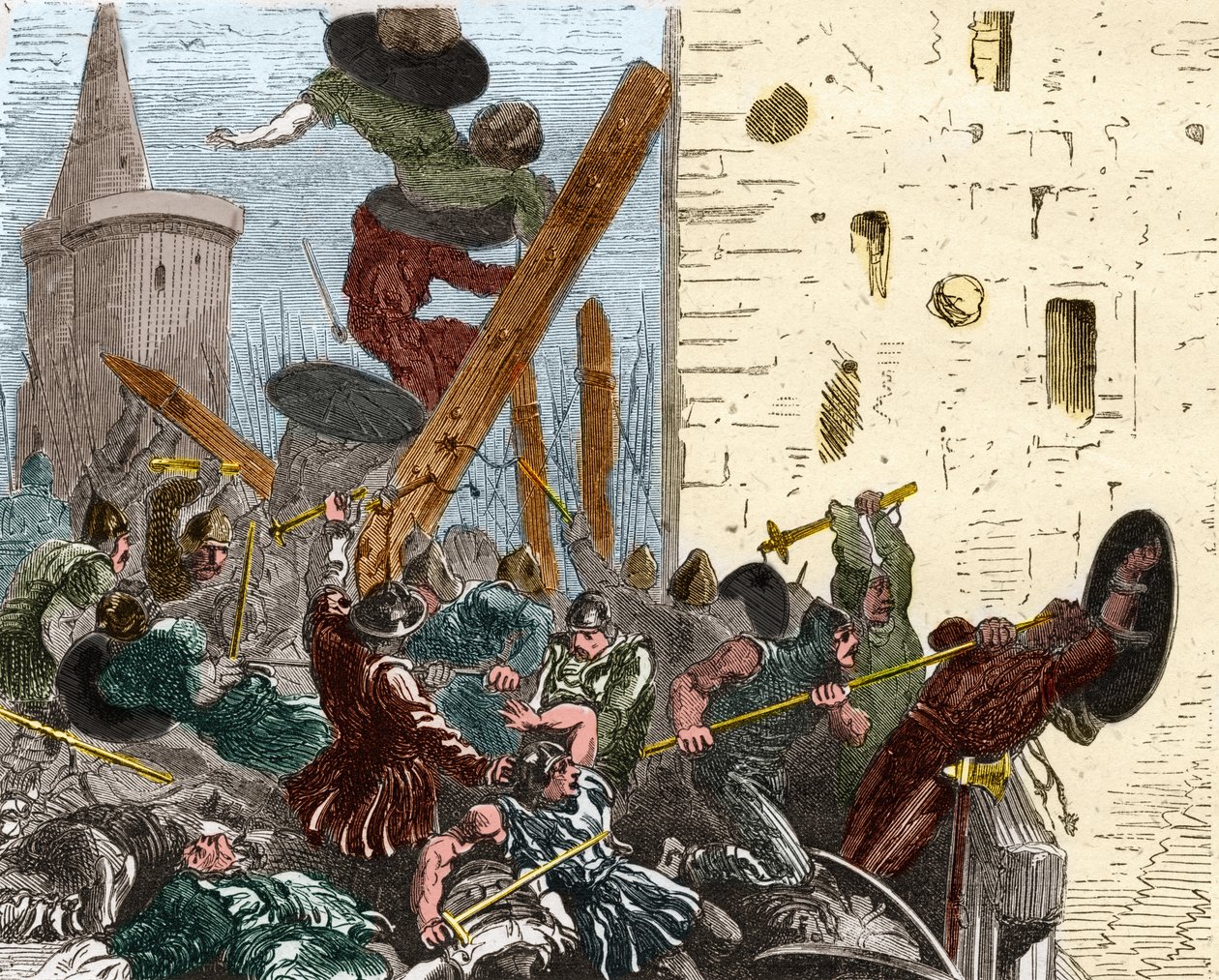 Carcassonne elfoglalása az albigeiek elleni keresztes hadjárat során 1209 augusztusában. Metszet Paul Lehugeur Histoire De France En Cent festményeibe, 1891 alkotó: French School