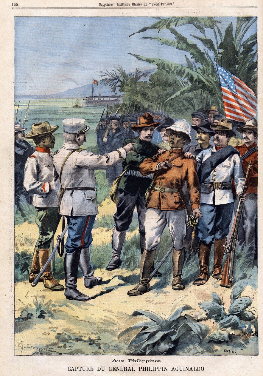 Emilio Aguinaldo tábornok és filippíni politikus (1869-1964) elfogása a Fülöp-szigeteken, a „Le Petit Parisien”-ben 1901.04.14-én (metszet). alkotó: French School